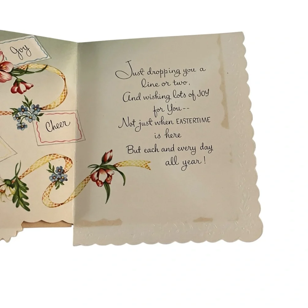 Unused Flawed Vintage Easter Joy Greeting Card Flower Cornucopia Gold Scalloped